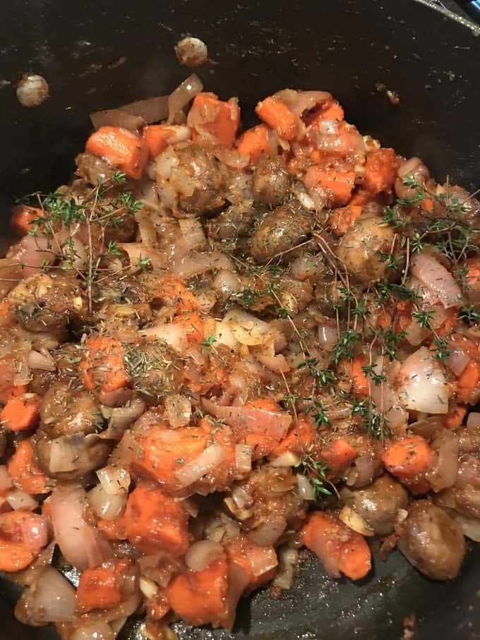 carrots, mushrooms, shallots, garlic, thyme caramelizing in pan | savorwithjennifer.com