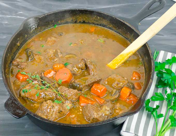Beef and Guinness Stew in a cast iron dutch oven