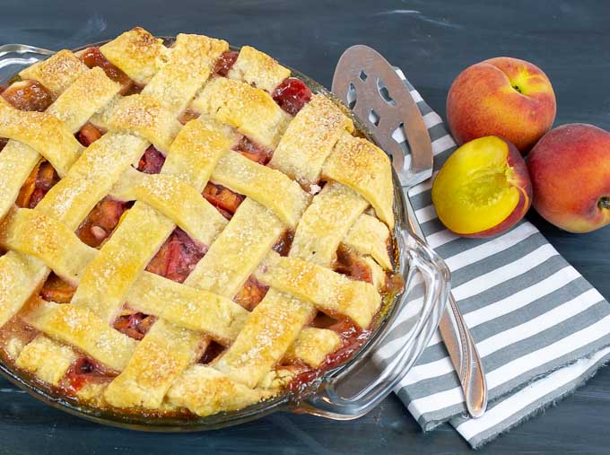 peach pie with lattice top crust