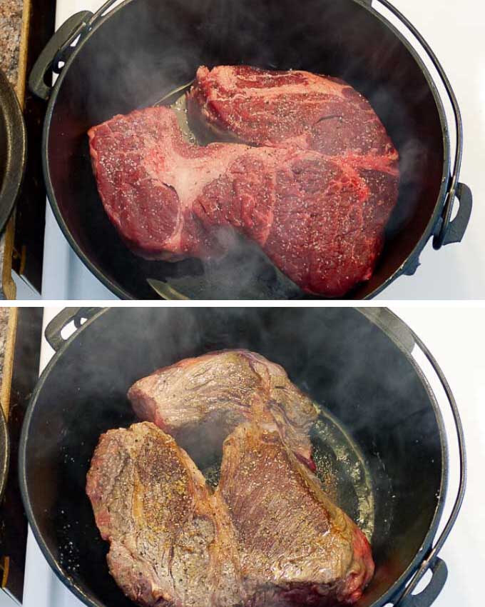 chuck roast being browned in cast iron dutch oven