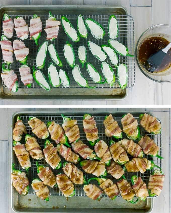 two photos of the poppers being stuffed, wrapped, and glazed.