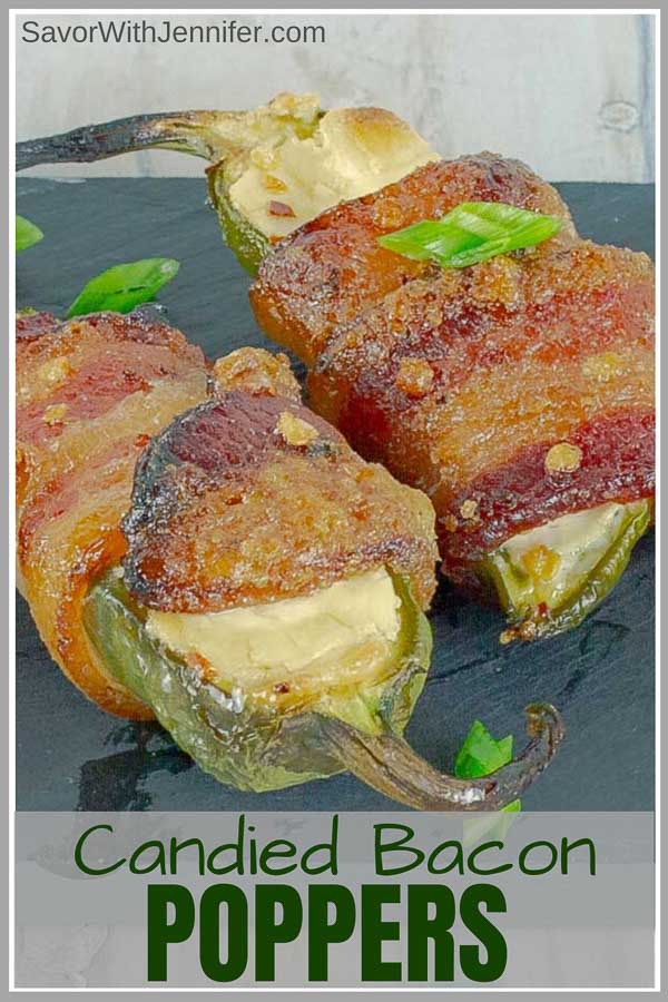 Pinterest pin image of Bourbon Candied Bacon Wrapped Jalapeno Poppers