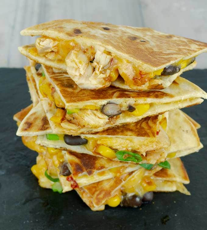 a tall stack of Chipotle Barbecue Sauce Chicken Quesadillas