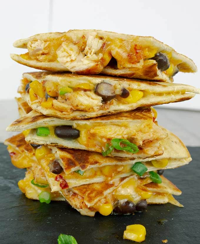 tall stack of Chipotle Barbecue Sauce Chicken Quesadillas