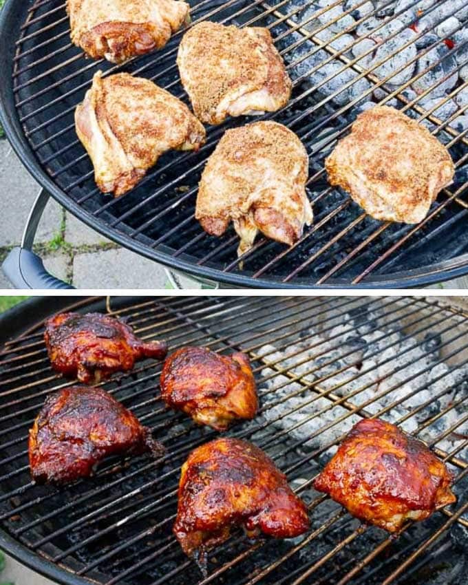 two photos showing chicken thighs cooking on the grill