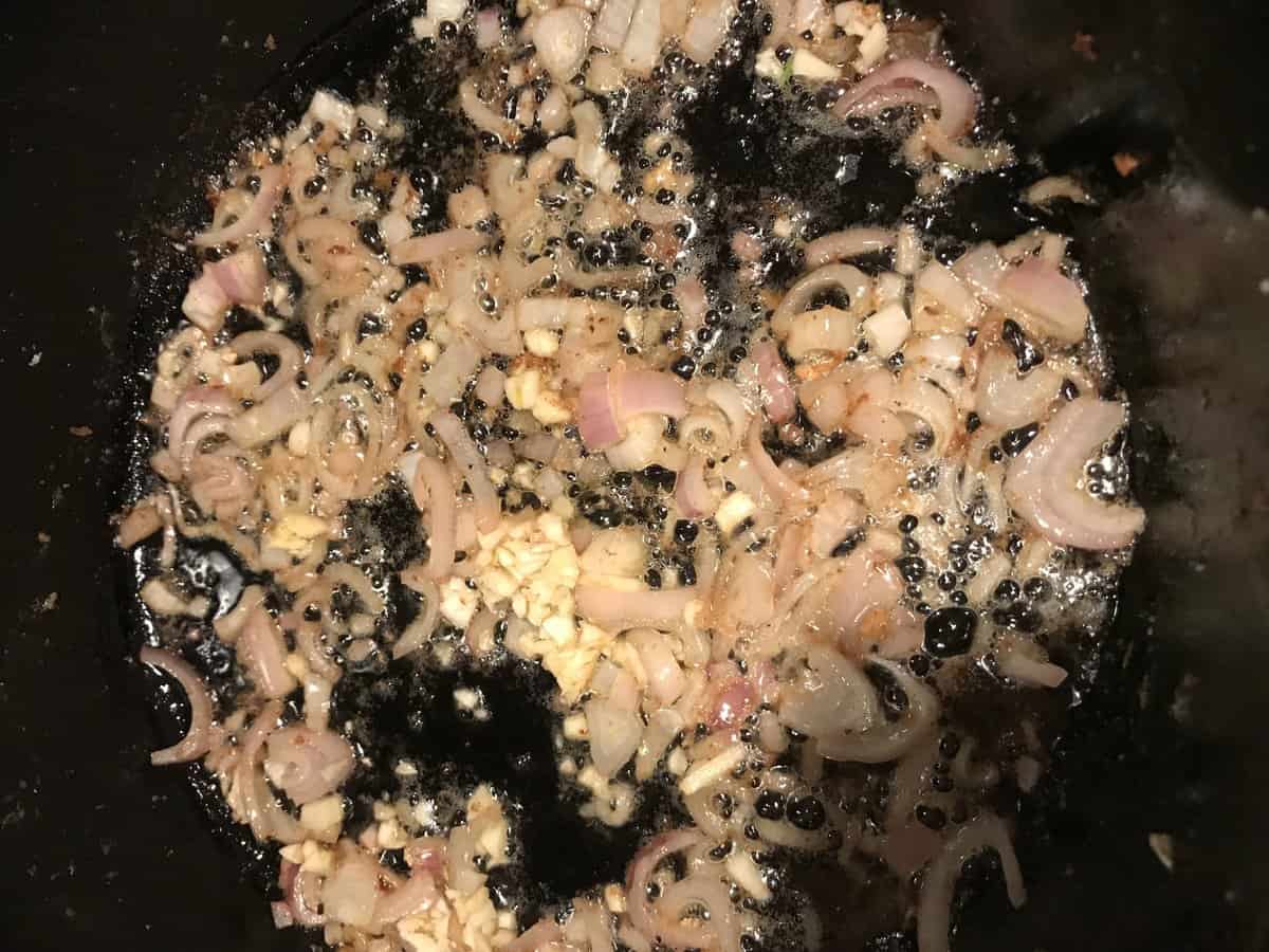 sauteing shallots and garlic for cream sauce used on pan seared salmon