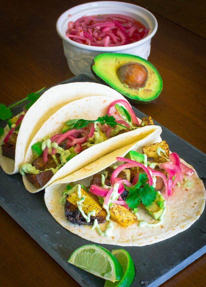 Pork Belly Tacos with Pickled Onion, Roasted Pineapple, and Avocado Lime Sour Cream SAVOR With