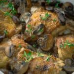 Close up of Crispy Roasted Chicken with Mushrooms and Cream
