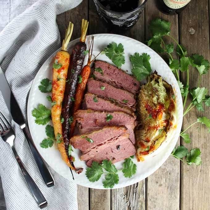 Corned Beef and Cabbage with Horseradish Sauce, carrots, and cabbage