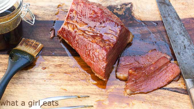 Triple Whiskey Glazed Corned Beef on wooden board