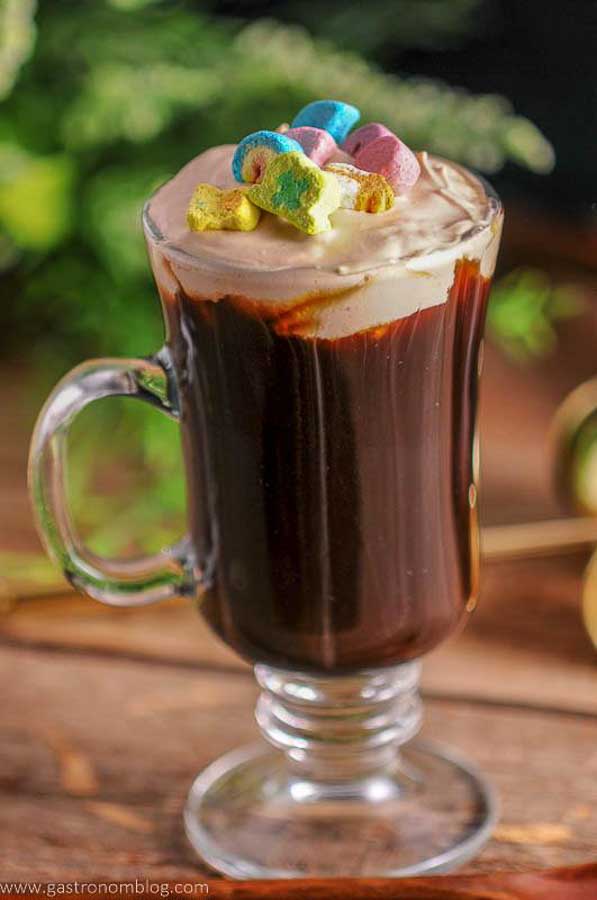 Toasted Cream Irish Coffee in glass mug with dark background