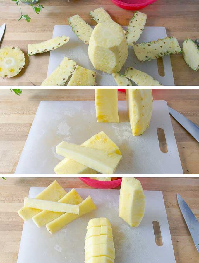 3 images of how to cut up a pineapple
