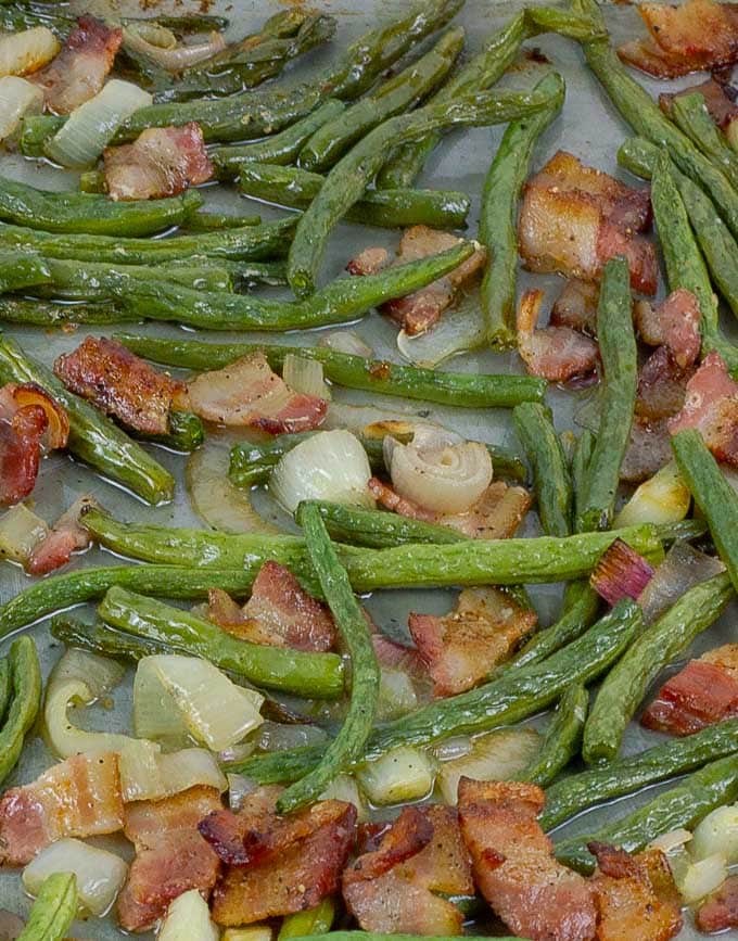Fresh Roasted Green Beans with Bacon and Shallots on metal baking sheet