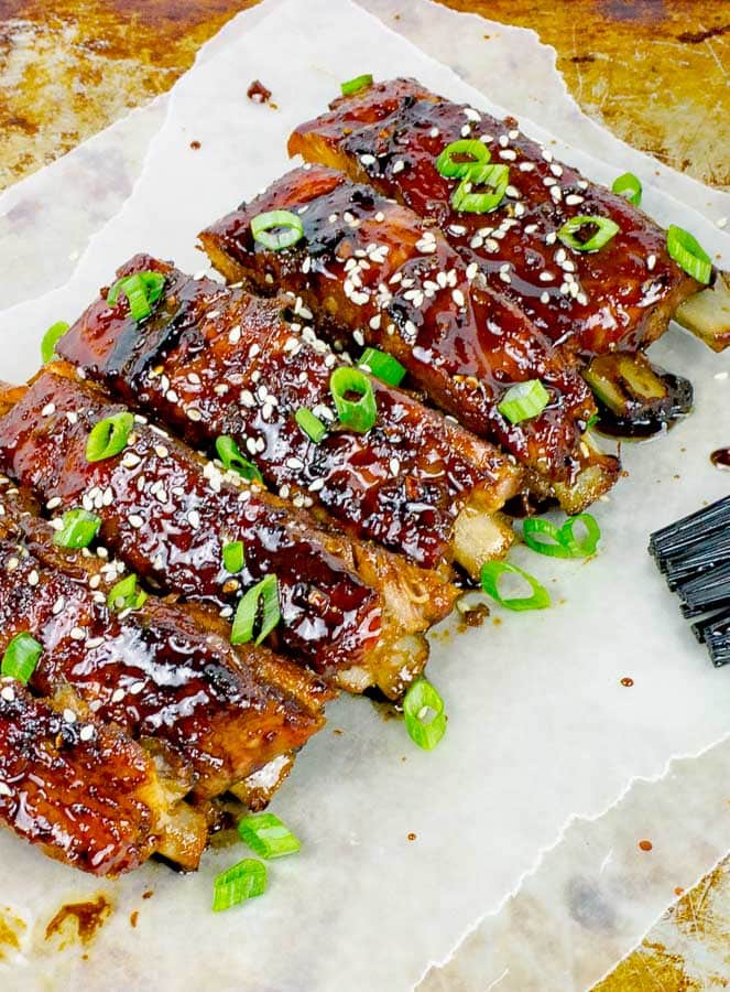 Sticky Asian Baked Pork Ribs shown diagonally