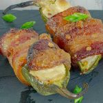 two Bourbon Candied Bacon Wrapped Jalapeno Poppers