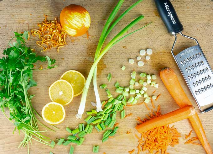 ingredients being prepped for Sticky Orange Chicken Recipe