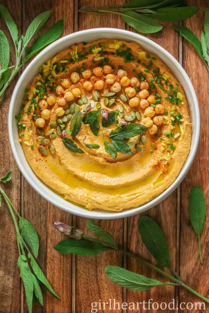 Pumpkin-Hummus-Recipe in white bowl
