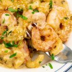 close up of Baked Shrimp Macaroni and Cheese