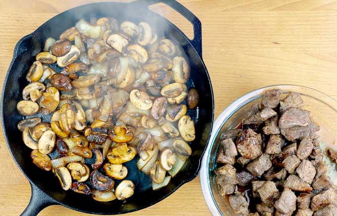 browned meat and caramelized mushrooms and onions
