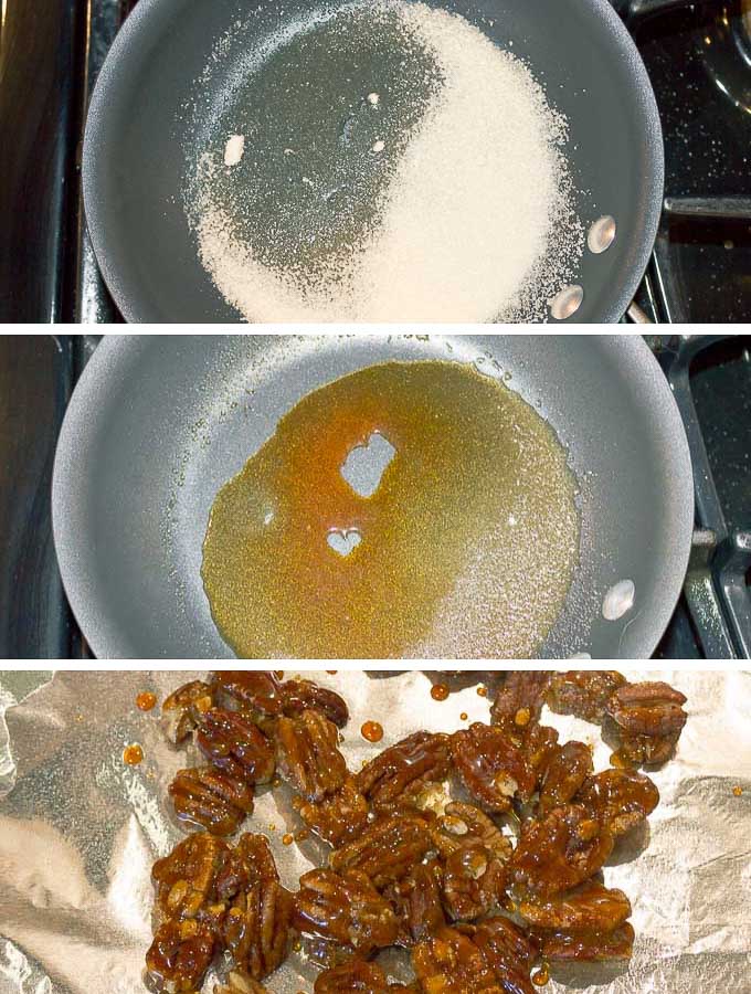 three pics showing how to make candied pecans