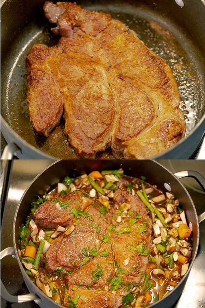 chuck roast being browned and then with the added vegetables