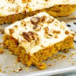 A piece of easy carrot sheet cake recipe from scratch