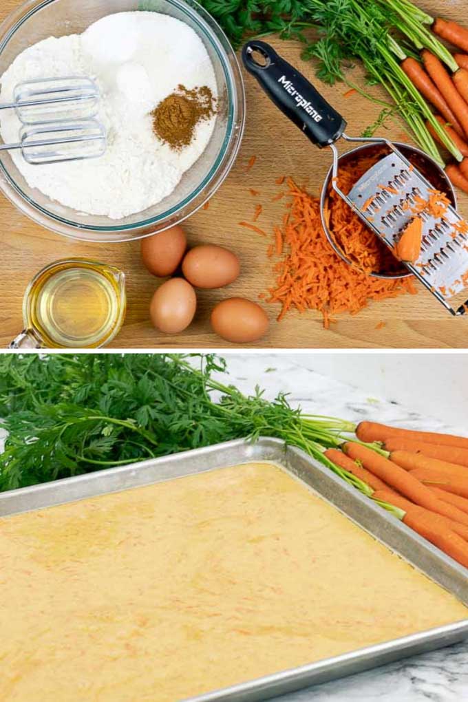 two pictures showing prep for easy carrot sheet cake recipe from scratch