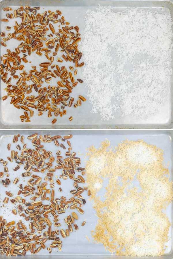 two pictures of before and after toasting coconut and pecans
