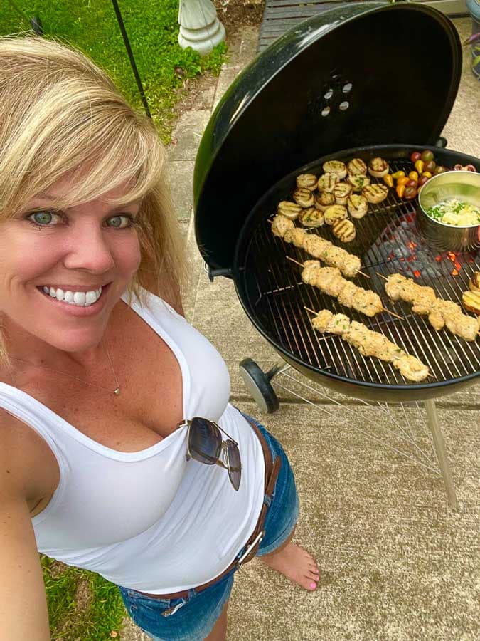Jennifer grilling Chicken Spiedini Kabobs