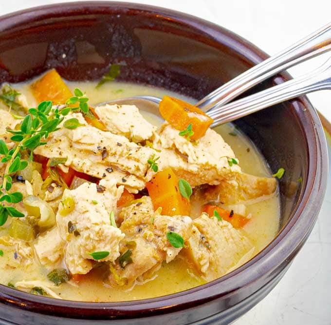 brown bowl of Cream of Turkey (or Chicken) Soup Recipe on white plate