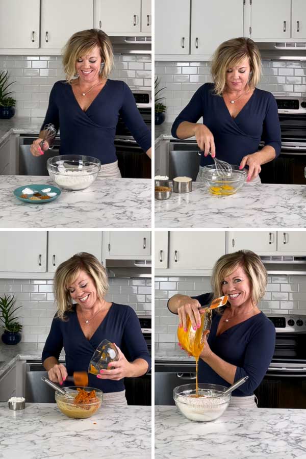 4 pictures of Jennifer showing how to make Easy Pumpkin Muffins with Pecan Streusel