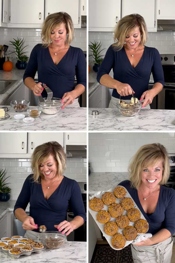 4 pictures of Jennifer showing how to make Easy Pumpkin Muffins with Pecan Streusel