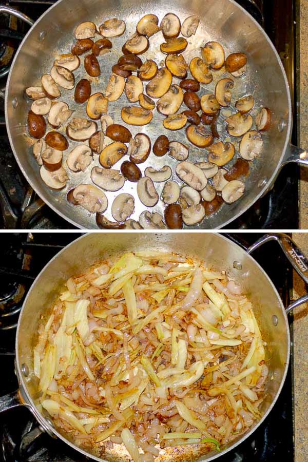 two process shots of mushrooms being caramelized and shallots and fennel in a saute pan