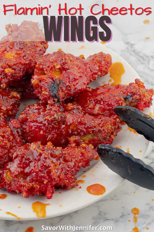 pinterest pin image for Flamin' Hot Cheetos Wings with Honey Sriracha Sauce
