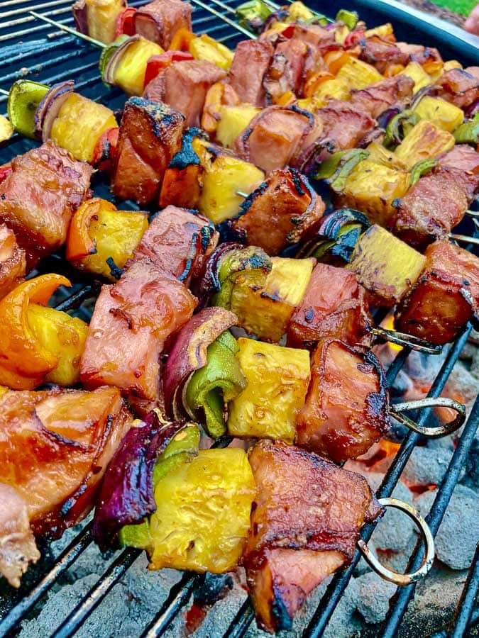 closeup of Bourbon Bacon Ham and Pineapple Kabobs on the Grill