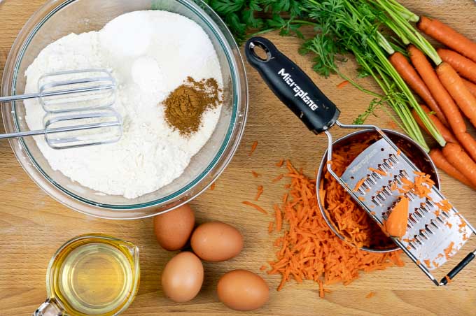 cake ingredients for classic carrot cake recipe with cream cheese icing