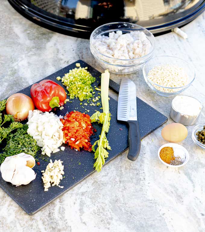 ingredients being prepped for Grilled Shrimp Cake Recipe