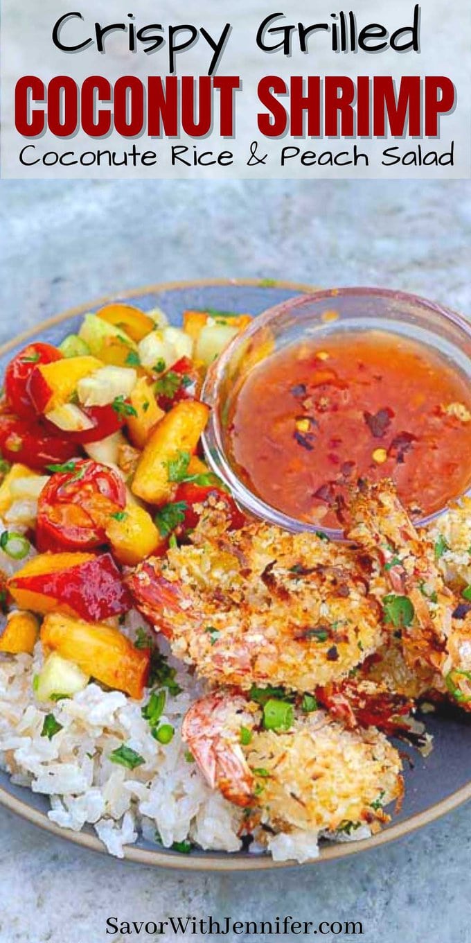 Crispy Grilled Coconut Shrimp with Peach Sauce and Coconut Sticky Rice