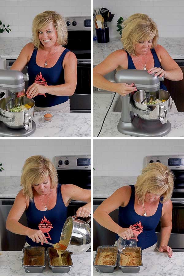 collage of process shots of Jennifer making Cinnamon crumble zucchini bread