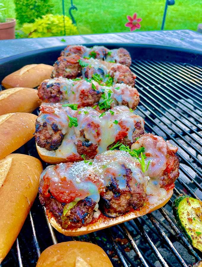 Grilled Italian meatballs homemade into meatball subs