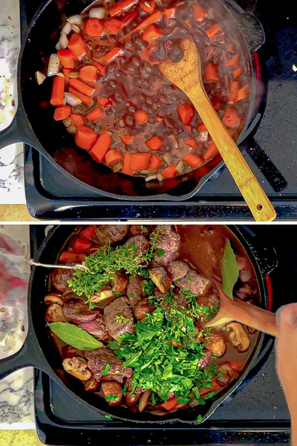 wine reducing and adding ingredients back to Red Wine Beef Stew with Mushrooms and Carrots