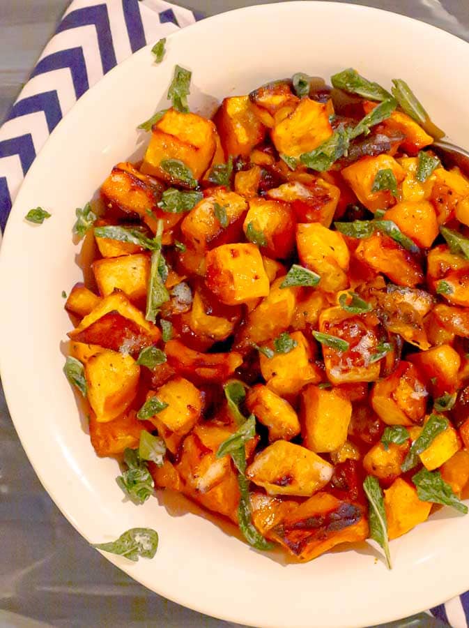 white bowl of Easy Roasted Butternut & Acorn Squash with Sage Brown Butter