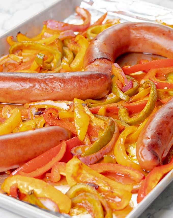 sausages and peppers just finished cooking