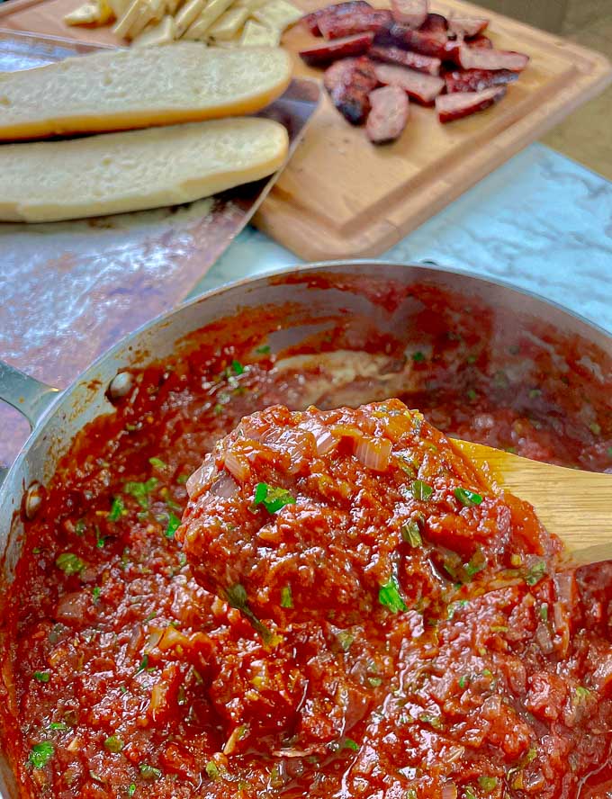 close up of Red Sauce to make The Bomb Italian Sausage Sandwich