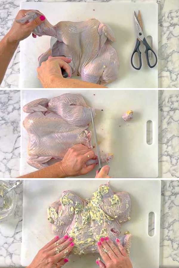 three images showing how to spatchcock a chicken