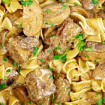 square photo of Slow Cooker Beef Stroganoff Recipe from Scratch with noodles