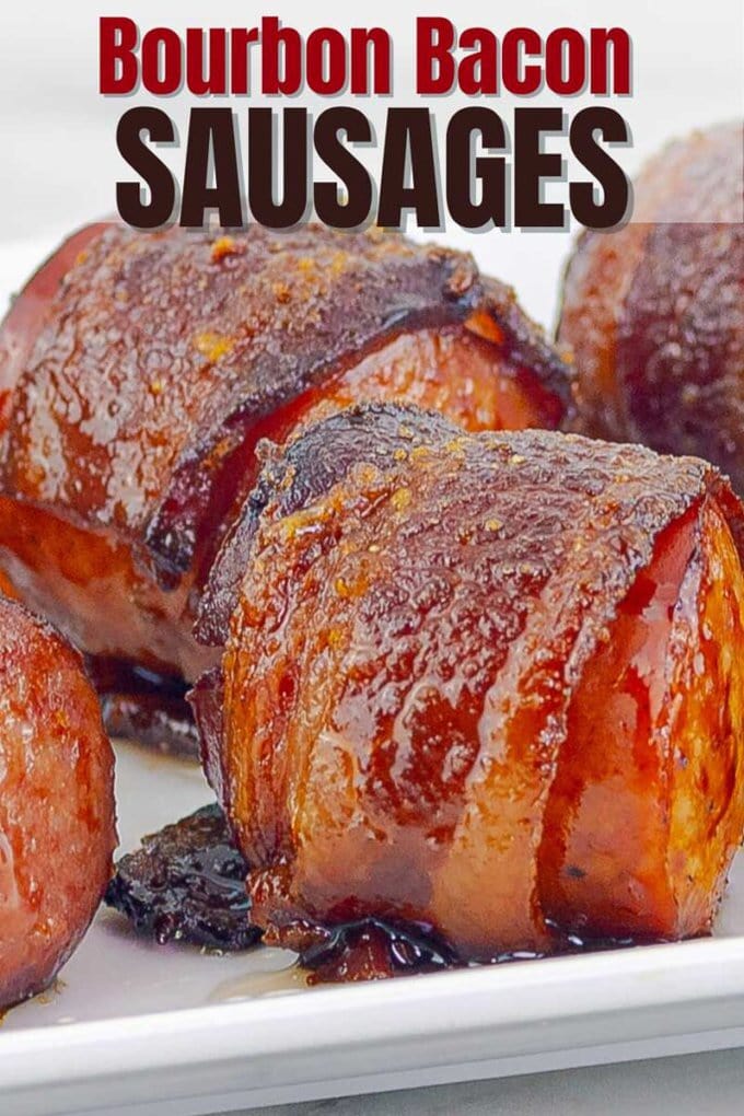 pinterest pin image of bacon wrapped sausages