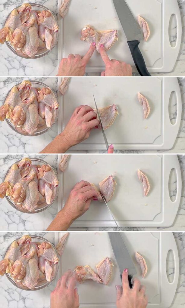four images showing how to cut a whole, raw chicken wing