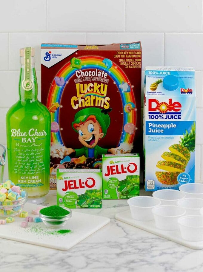 ingredients for Key Lime Lucky Charms Jello Shots