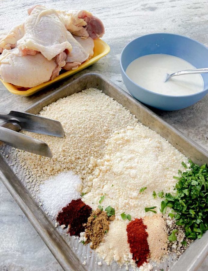 ingredients being prepped for grilled fried chicken